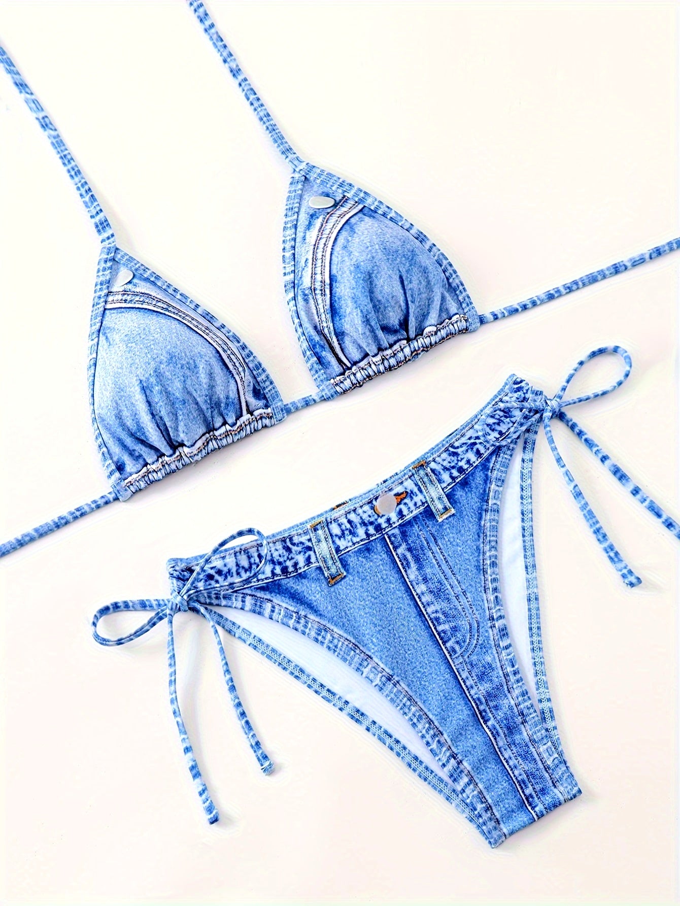 Ruched Tie-Dye Bikini Set – Adjustable Triangle Top in Washed Blue
