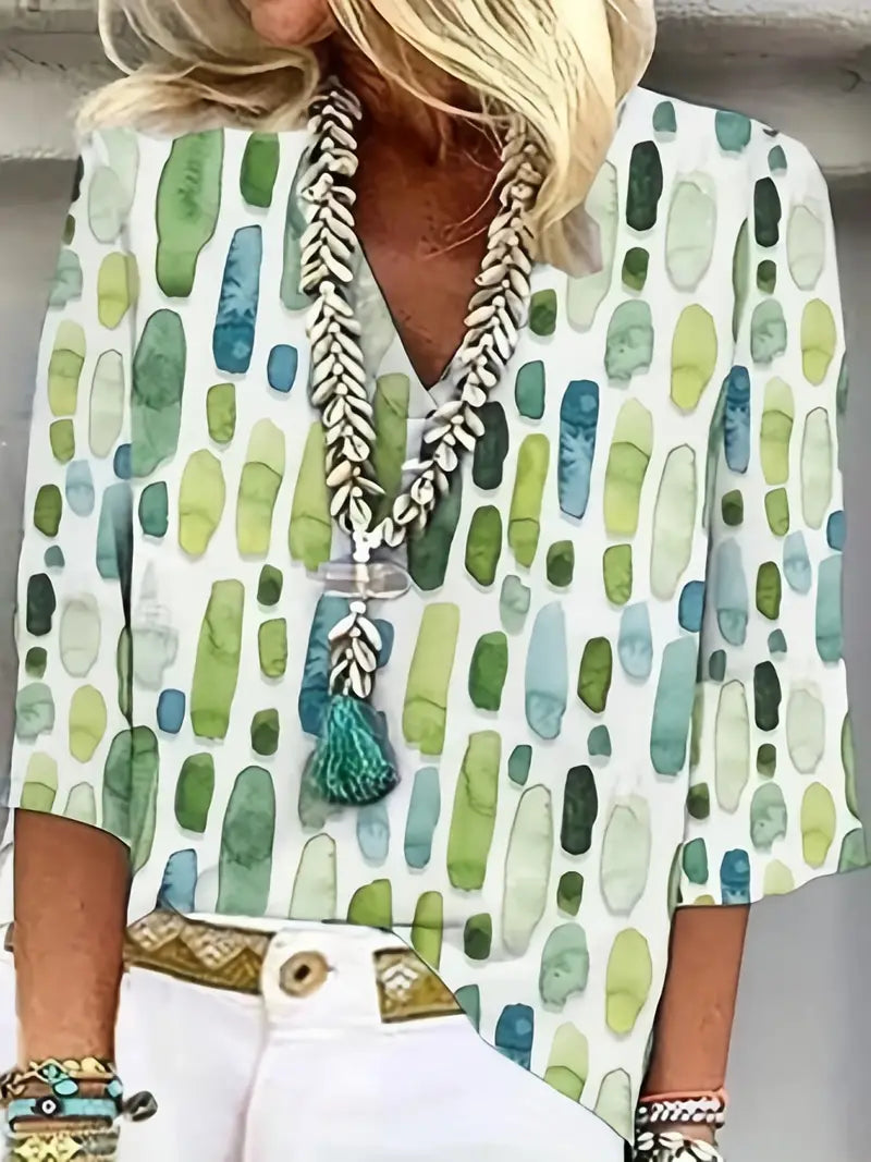 Women's Tunic Top – Abstract Print V-Neck, Relaxed Fit Casual Blouse
