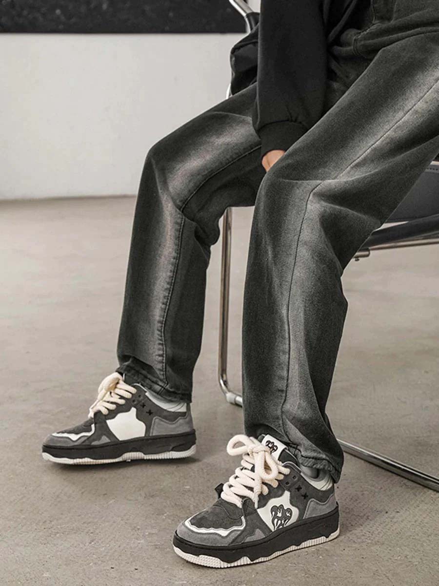 Men's Chunky Trainers – Suede Wave Graphic, Platform Sole Streetwear