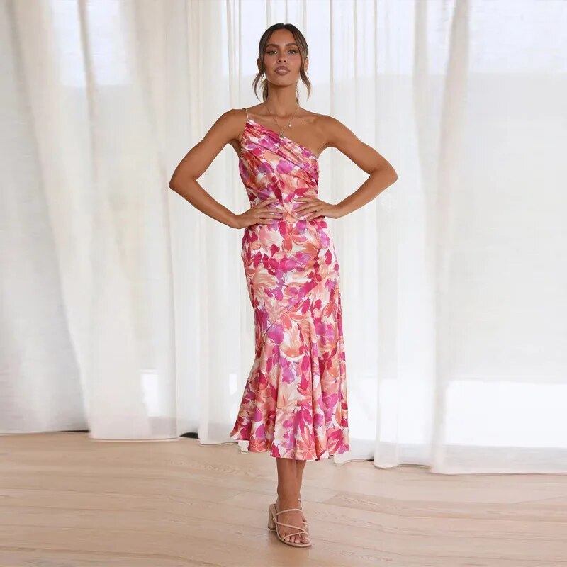 One-Shoulder Floral Midi Dress – Lightweight Asymmetrical Summer Look