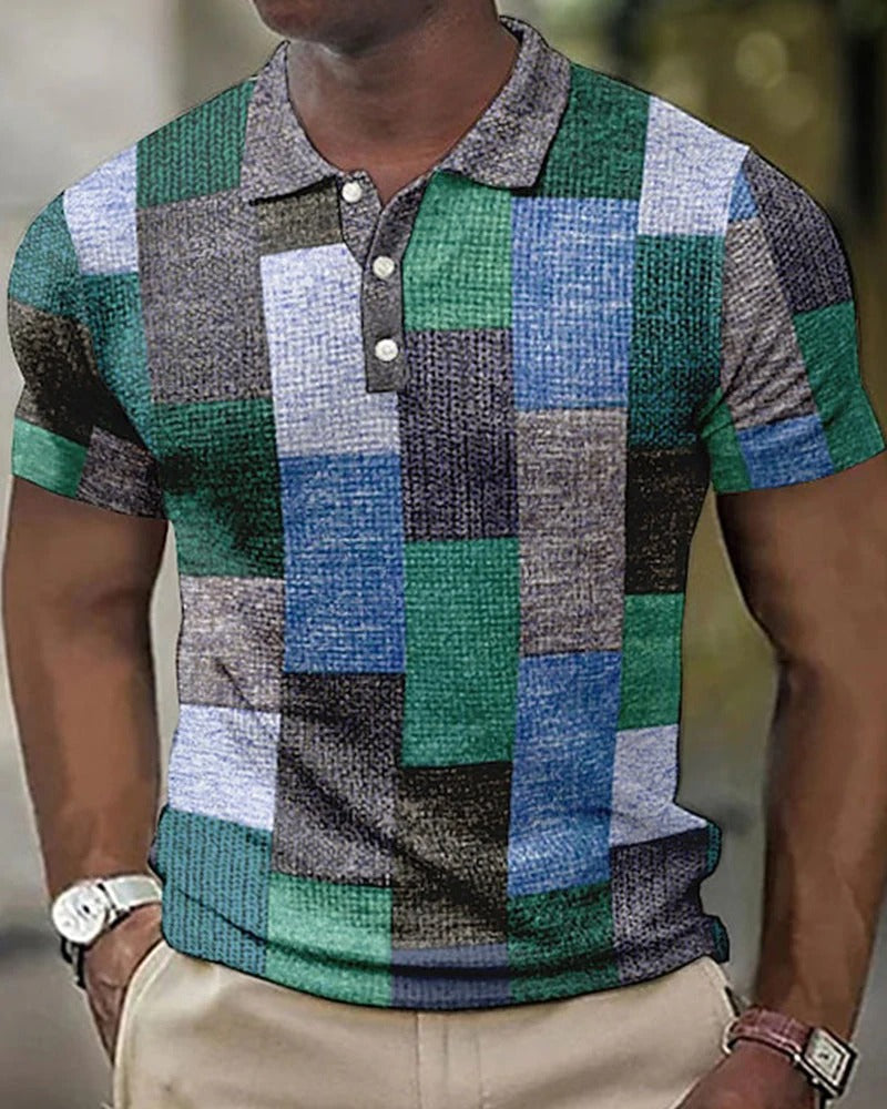 Men's Polo Shirt – Geometric Patchwork Print, Slim Fit for Smart Casual Wear