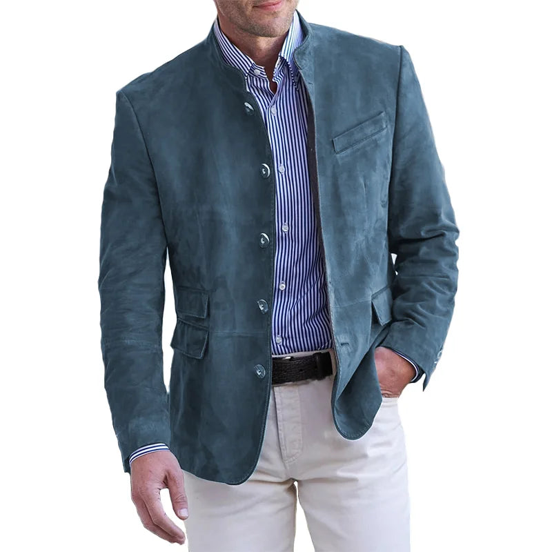 Men's Suede Blazer – Mandarin Collar, Slim Fit Smart Casual Jacket