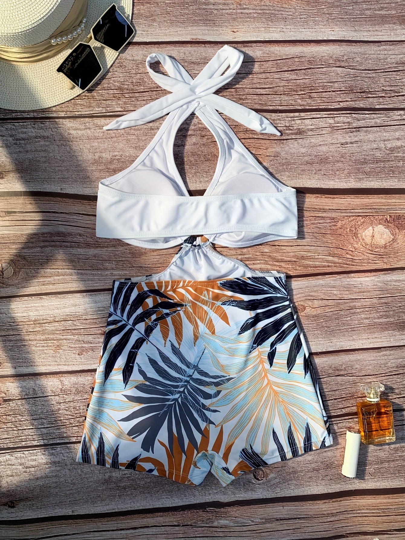 Halter Tropical Print Swim Romper – White Top with Leafy High-Waist Shorts