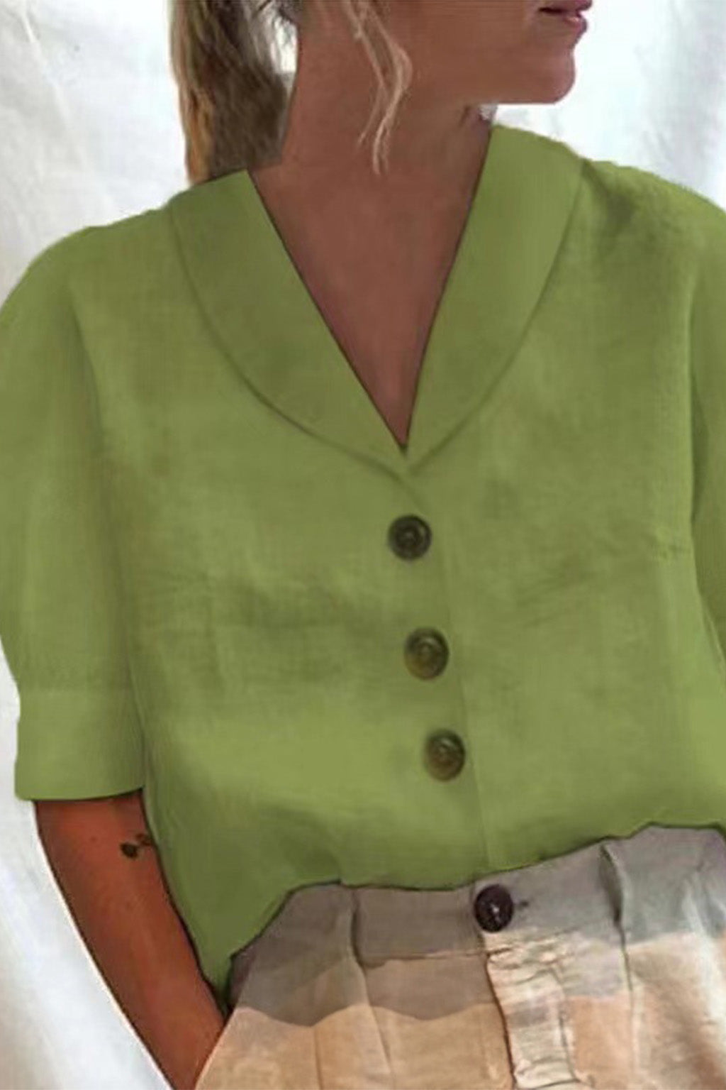 Women's Linen-Look Blouse – Lapel Collar, Relaxed Fit Holiday Top