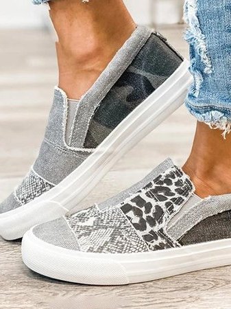 Women's Slip-On Trainers – Animal Print Patchwork, Comfy Everyday Shoes