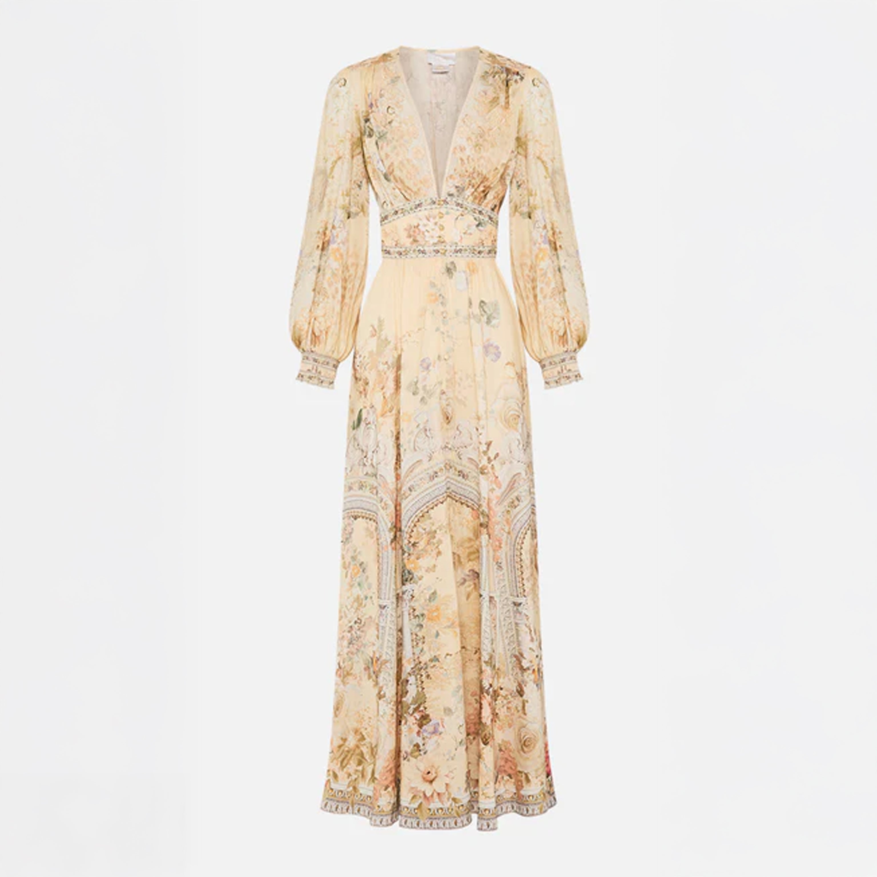 Floral Fairytale Print Maxi Dress with Beaded Trim & Puff Sleeves