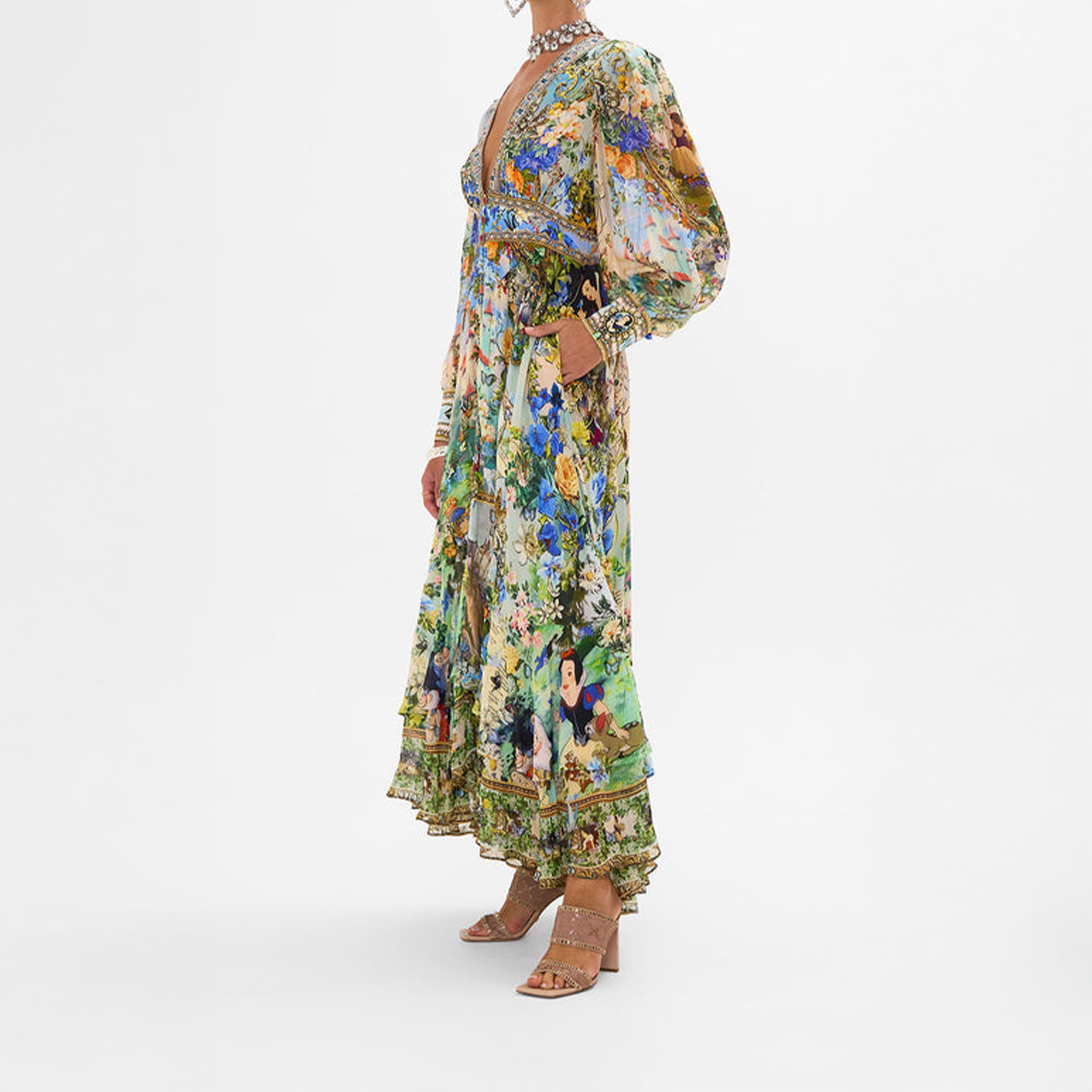 Floral Fairytale Print Maxi Dress with Beaded Trim & Puff Sleeves