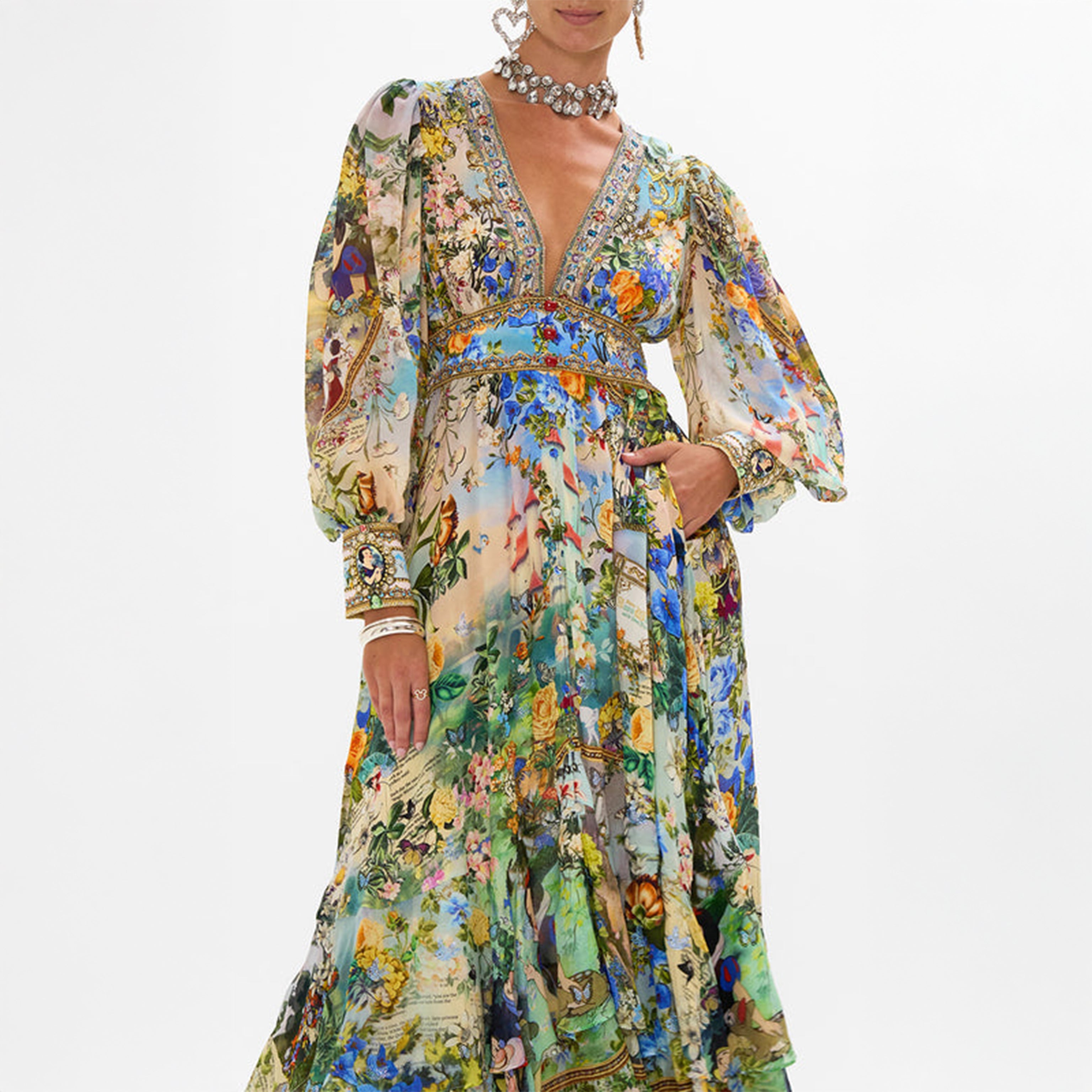 Floral Fairytale Print Maxi Dress with Beaded Trim & Puff Sleeves