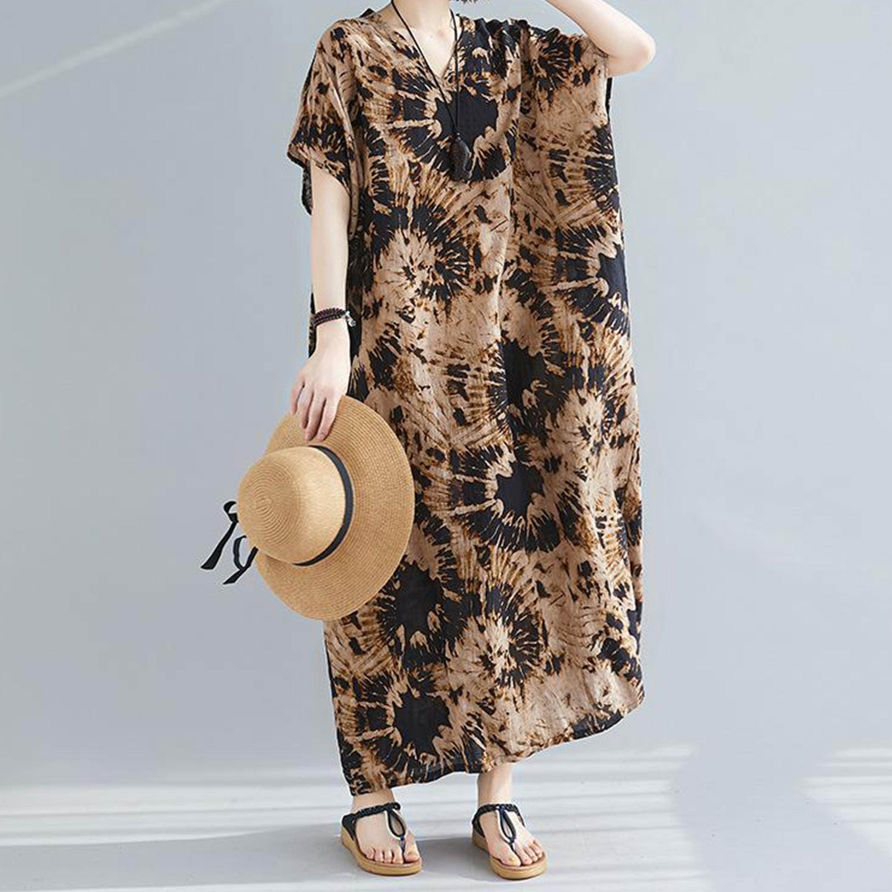 Boho Tie-Dye and Print Kaftan Maxi Dress – Summer Loose Fit V-Neck Dress