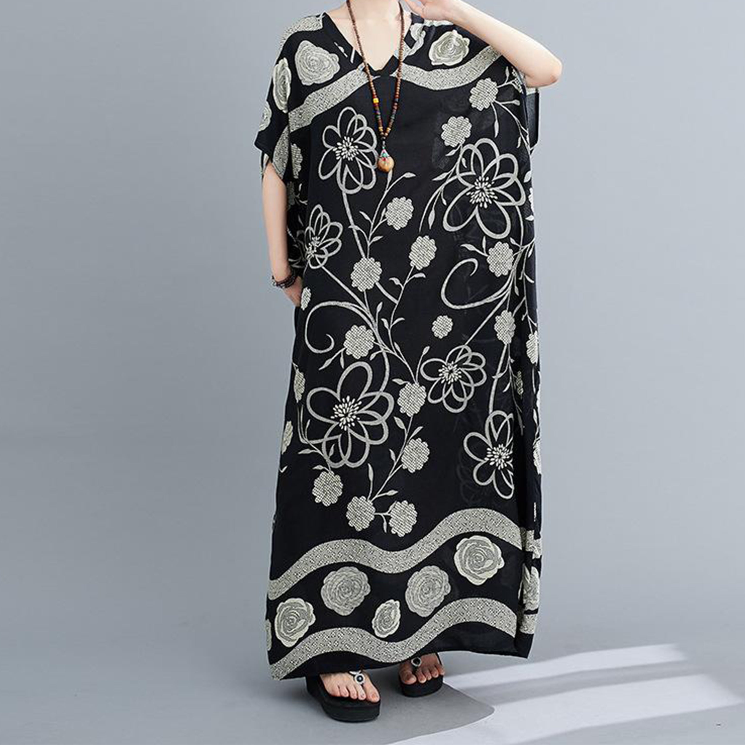 Boho Tie-Dye and Print Kaftan Maxi Dress – Summer Loose Fit V-Neck Dress