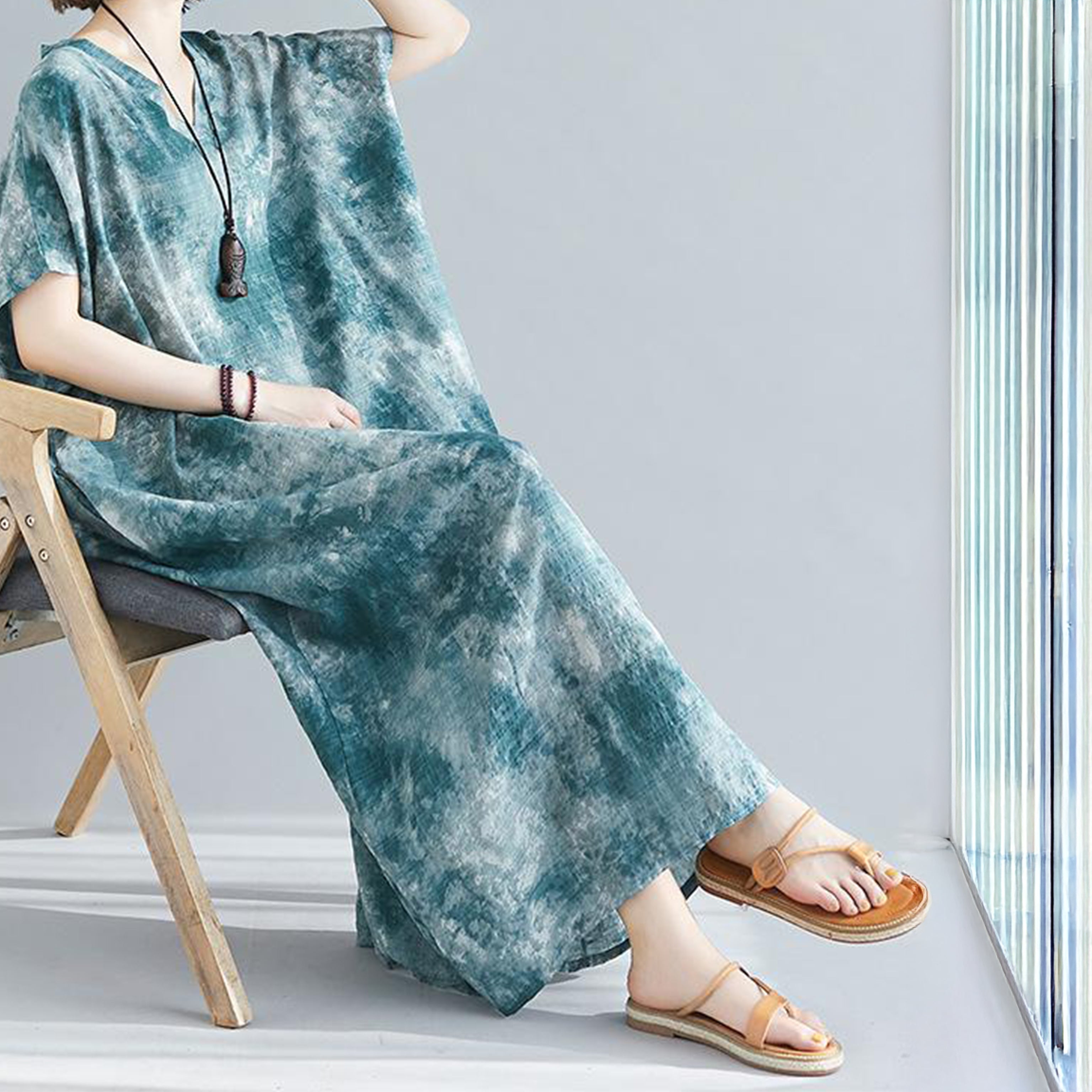 Boho Tie-Dye and Print Kaftan Maxi Dress – Summer Loose Fit V-Neck Dress