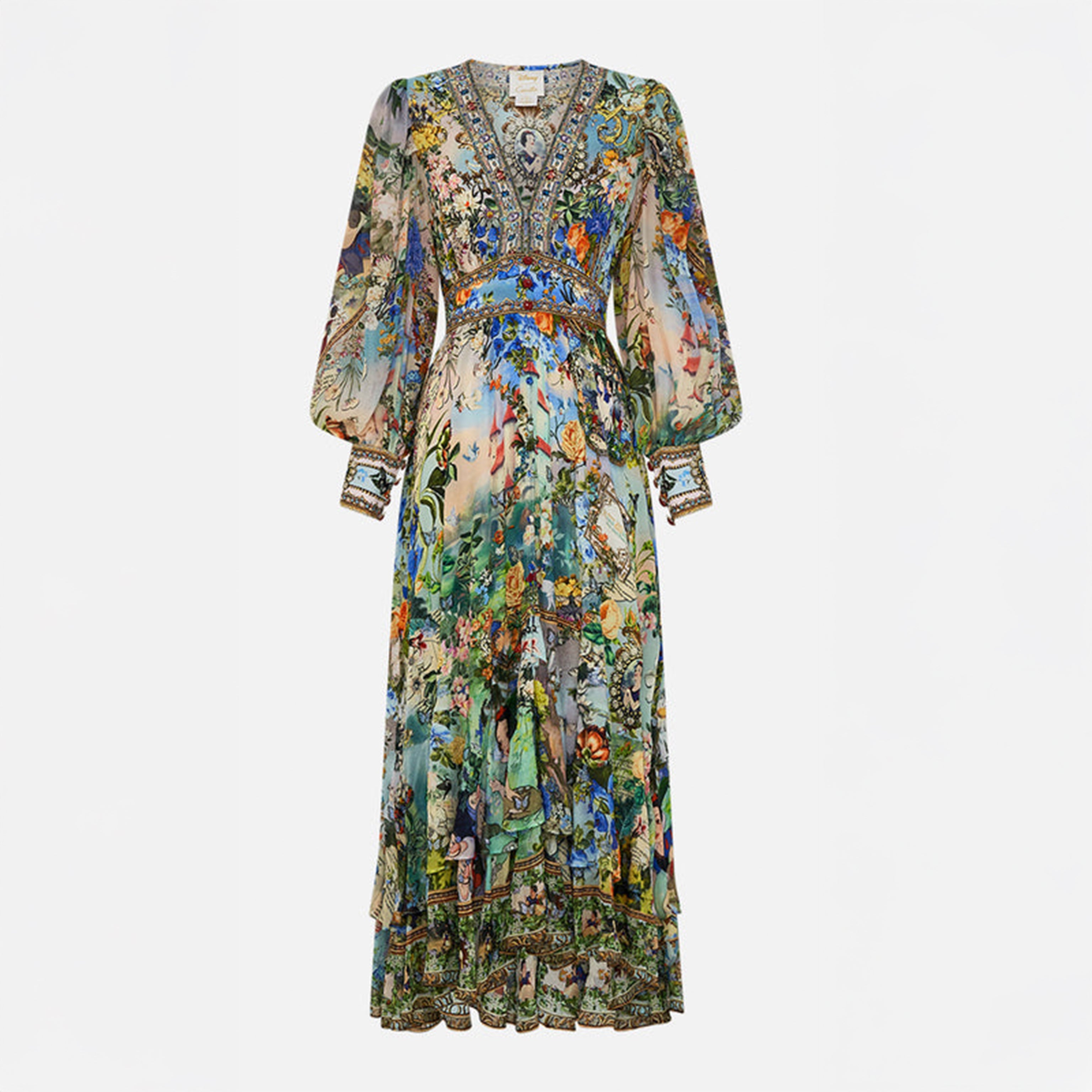 Floral Fairytale Print Maxi Dress with Beaded Trim & Puff Sleeves