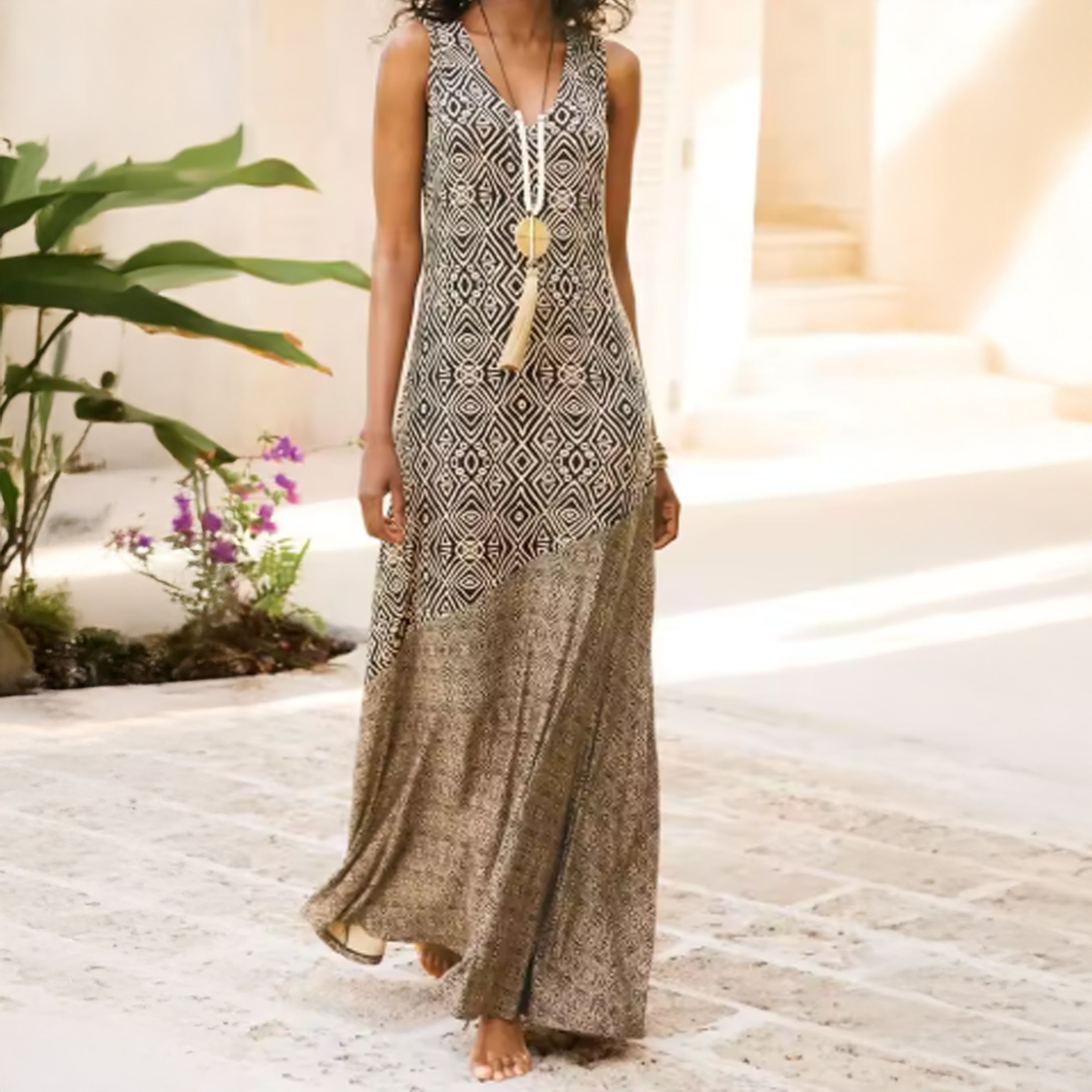 Sleeveless Printed V-Neck Maxi Dress – Boho Summer Style