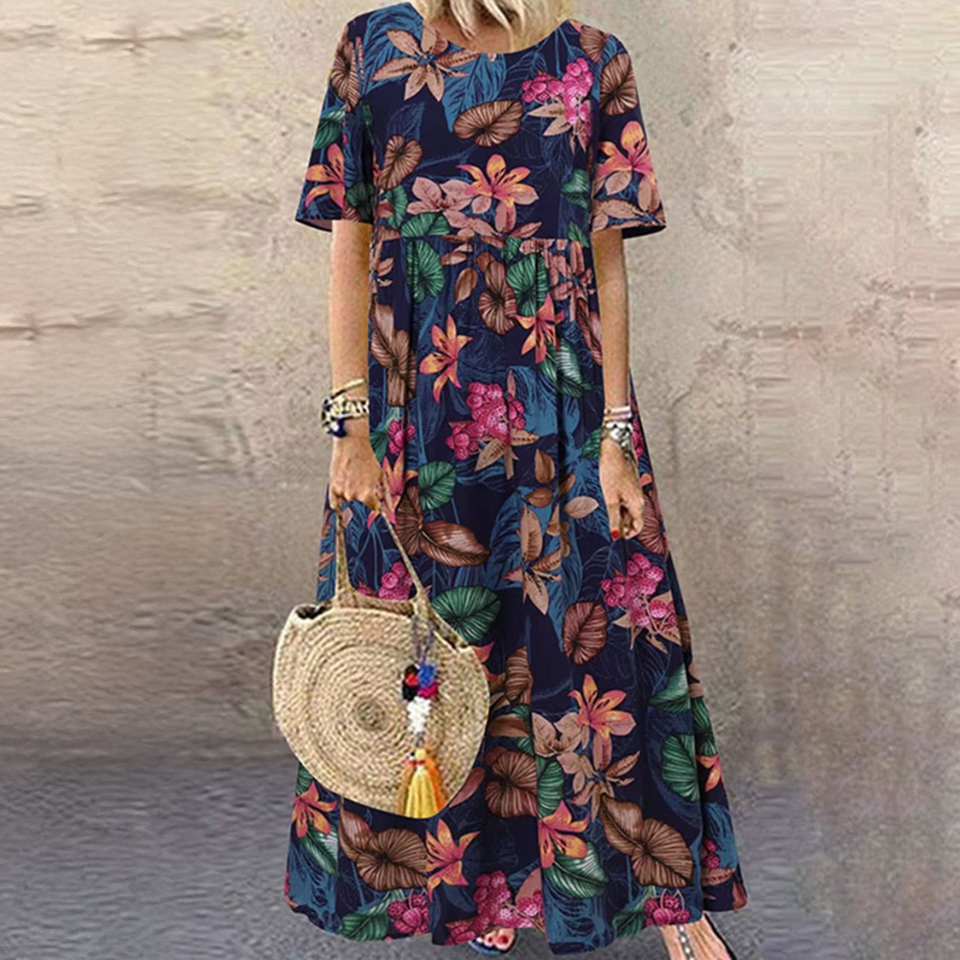 Floral Print Cotton Maxi Dress – Short Sleeve