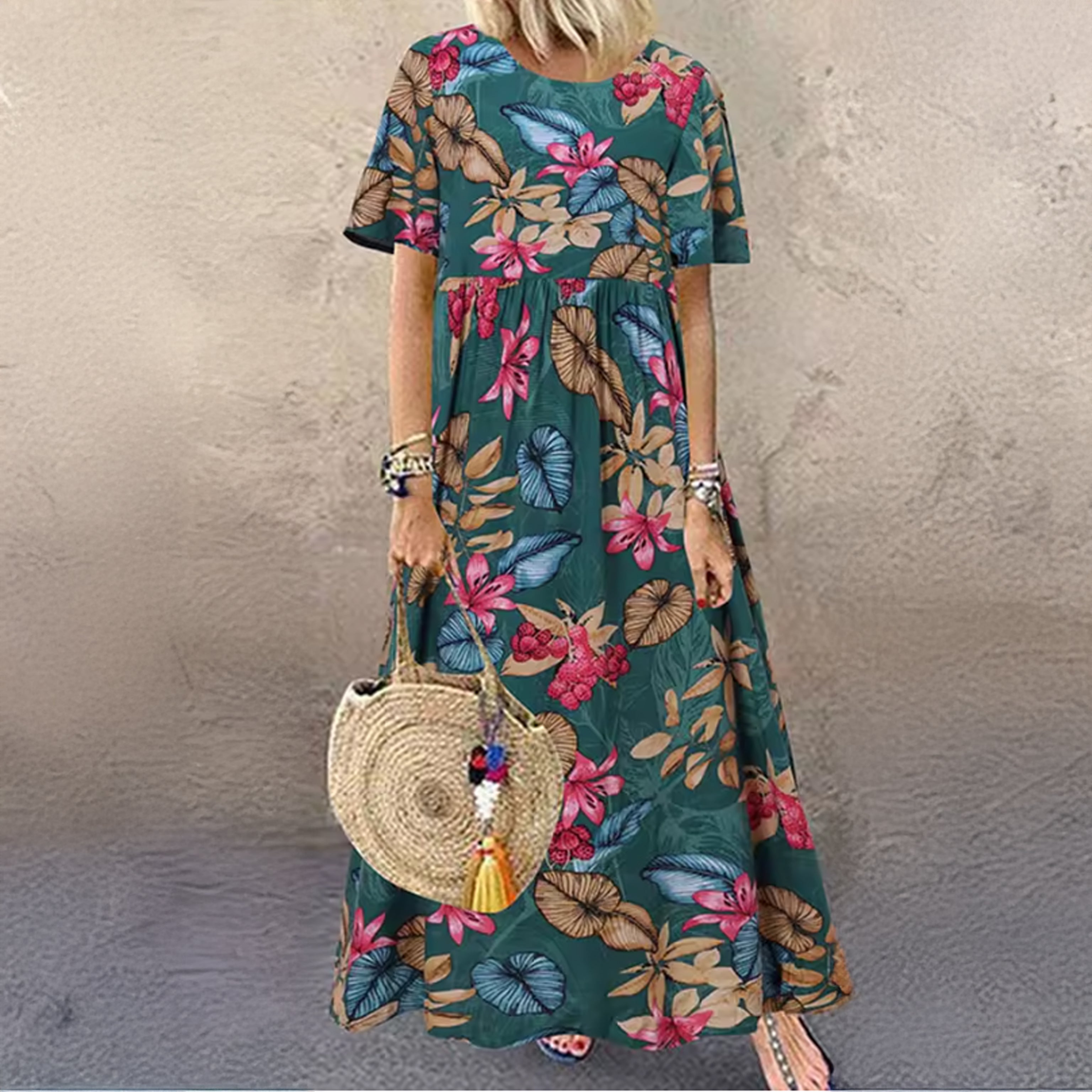 Floral Print Cotton Maxi Dress – Short Sleeve