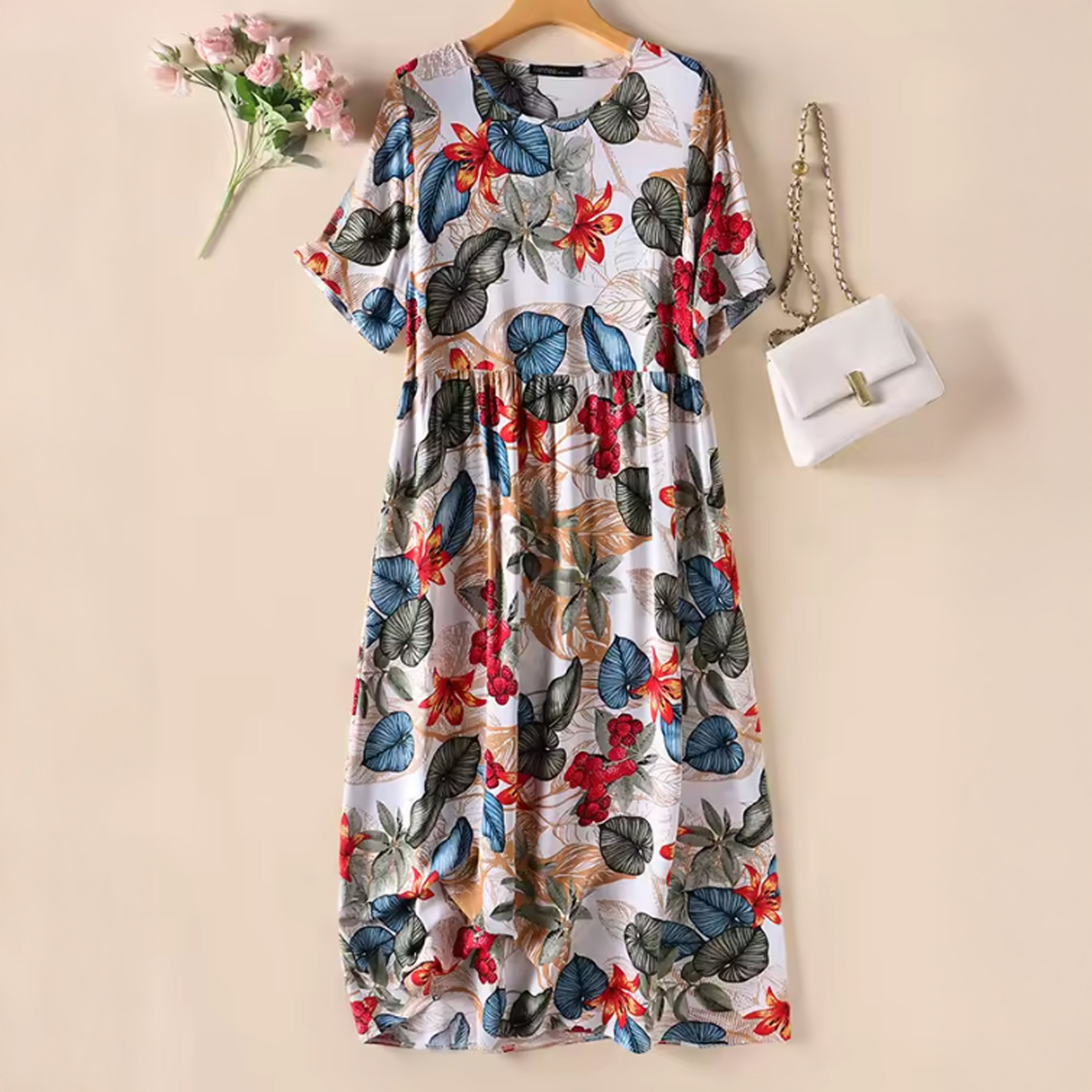 Floral Print Cotton Maxi Dress – Short Sleeve