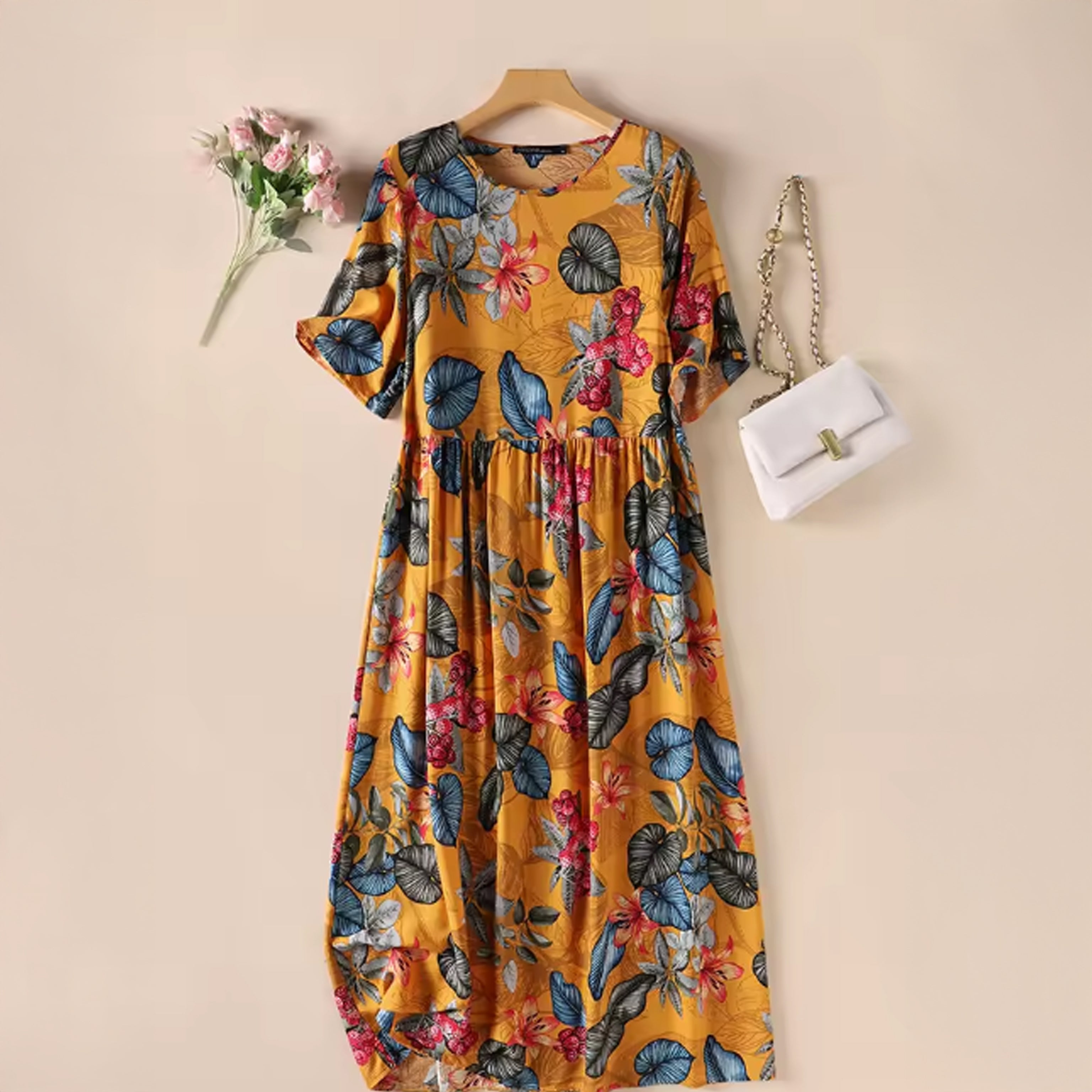 Floral Print Cotton Maxi Dress – Short Sleeve