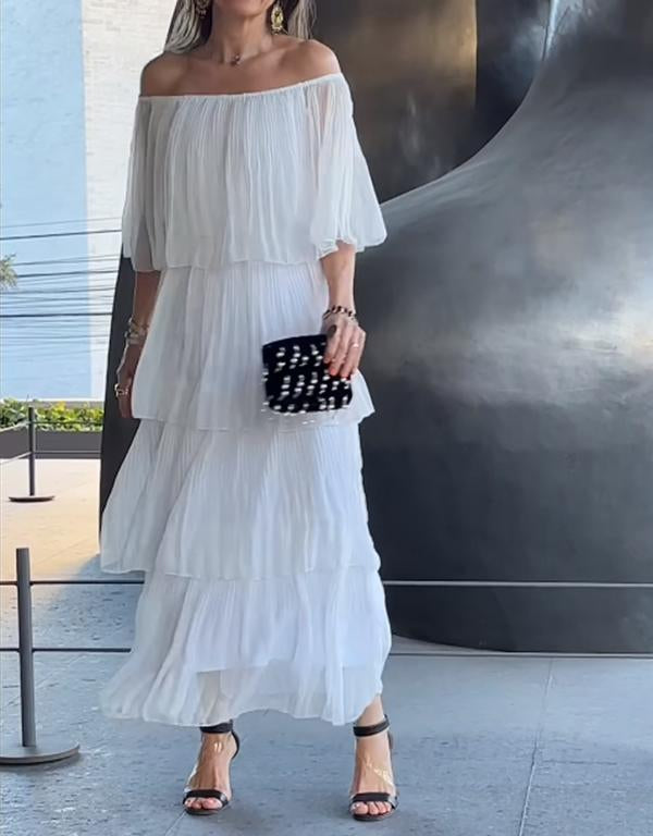 Off-Shoulder Tiered Tulle Maxi Dress – Elegant Boho Evening Gown