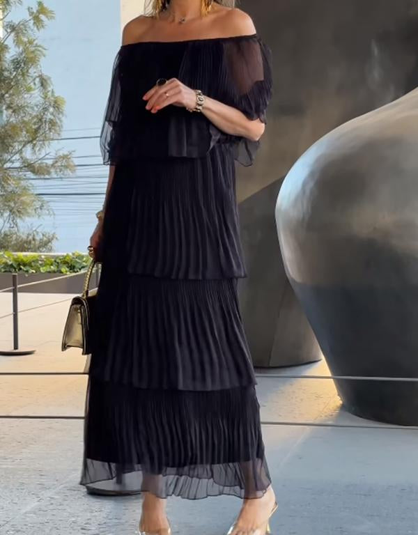 Off-Shoulder Tiered Tulle Maxi Dress – Elegant Boho Evening Gown