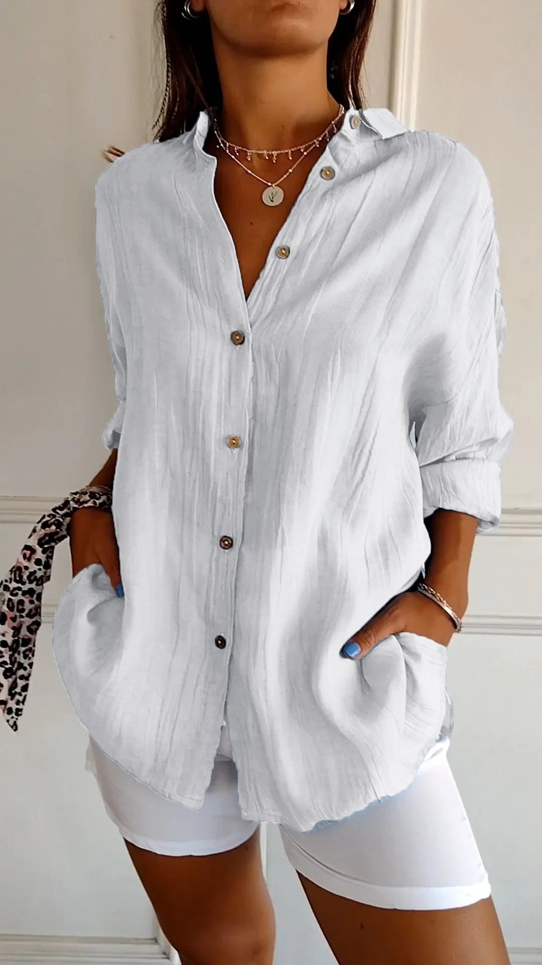 Women's Shirt – Linen-Look Button-Up, Oversized Casual Blouse