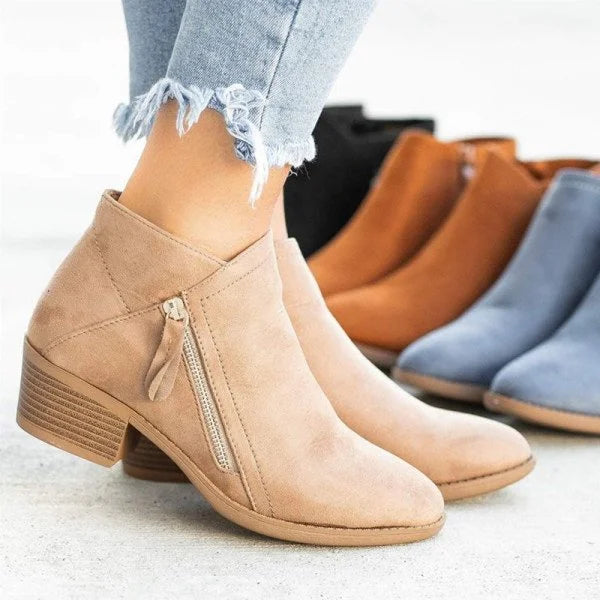 Women's Ankle Boots –  Zip Detail, Low Block Heel Smart Casual Wear