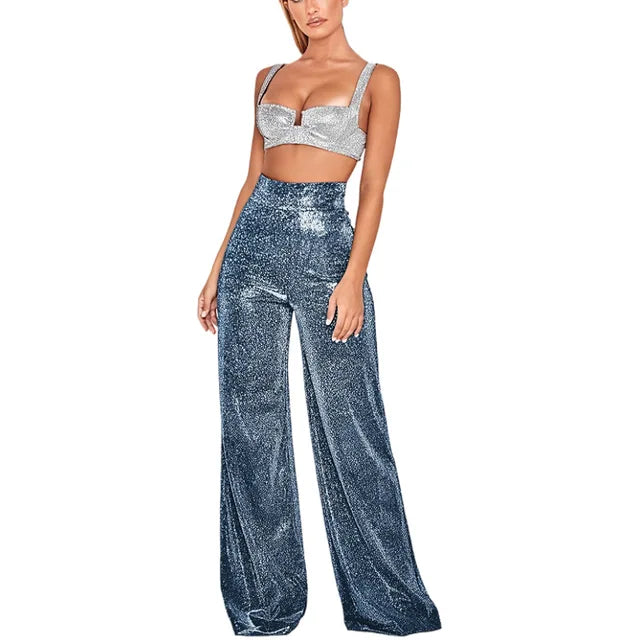 Women's Wide Leg Trousers – Sparkly, High Waisted Party Wear
