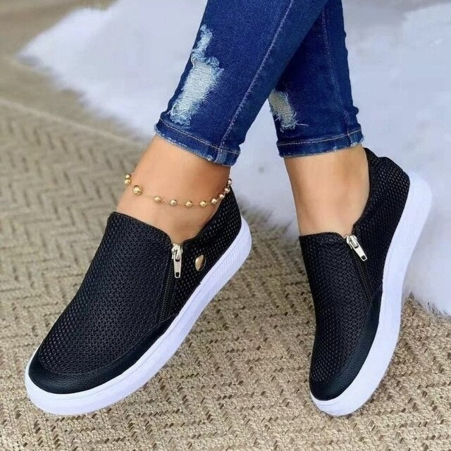Women's Slip-On Trainers – Zip Detail, Cushioned Casual Pumps