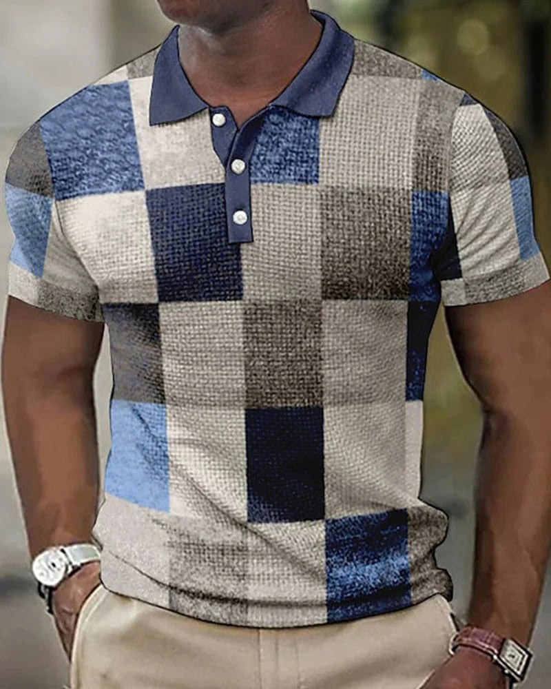 Men's Polo Shirt – Geometric Patchwork Print, Slim Fit for Smart Casual Wear