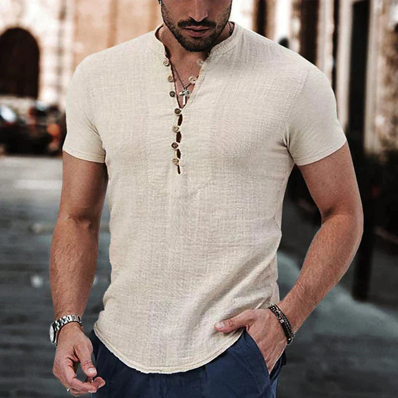 Men's Grandad Shirt – Button Placket, Breathable Cotton Summer Top