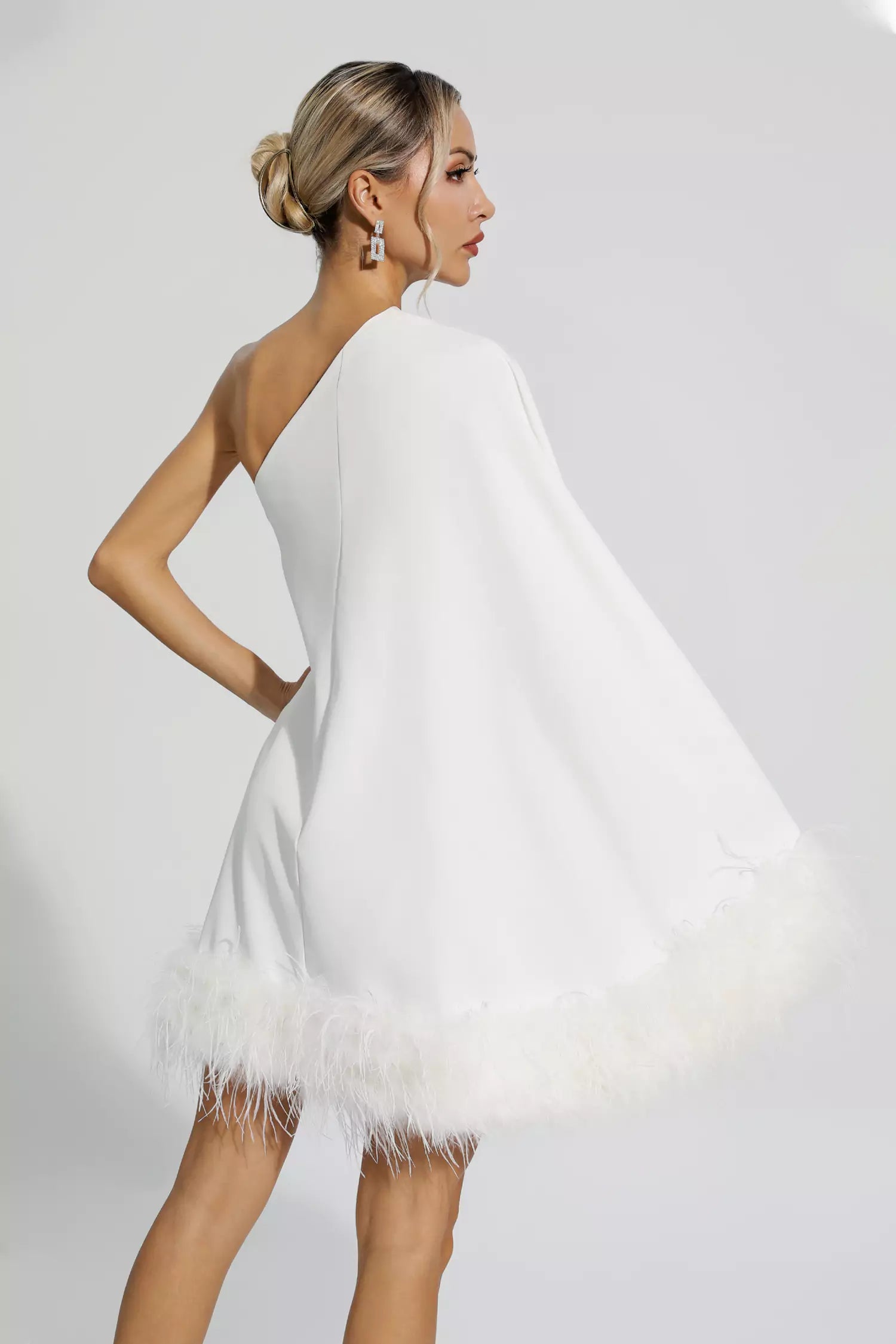 Women's Cape Dress – One Shoulder Feather Trim, Elegant Shift Occasion Wear