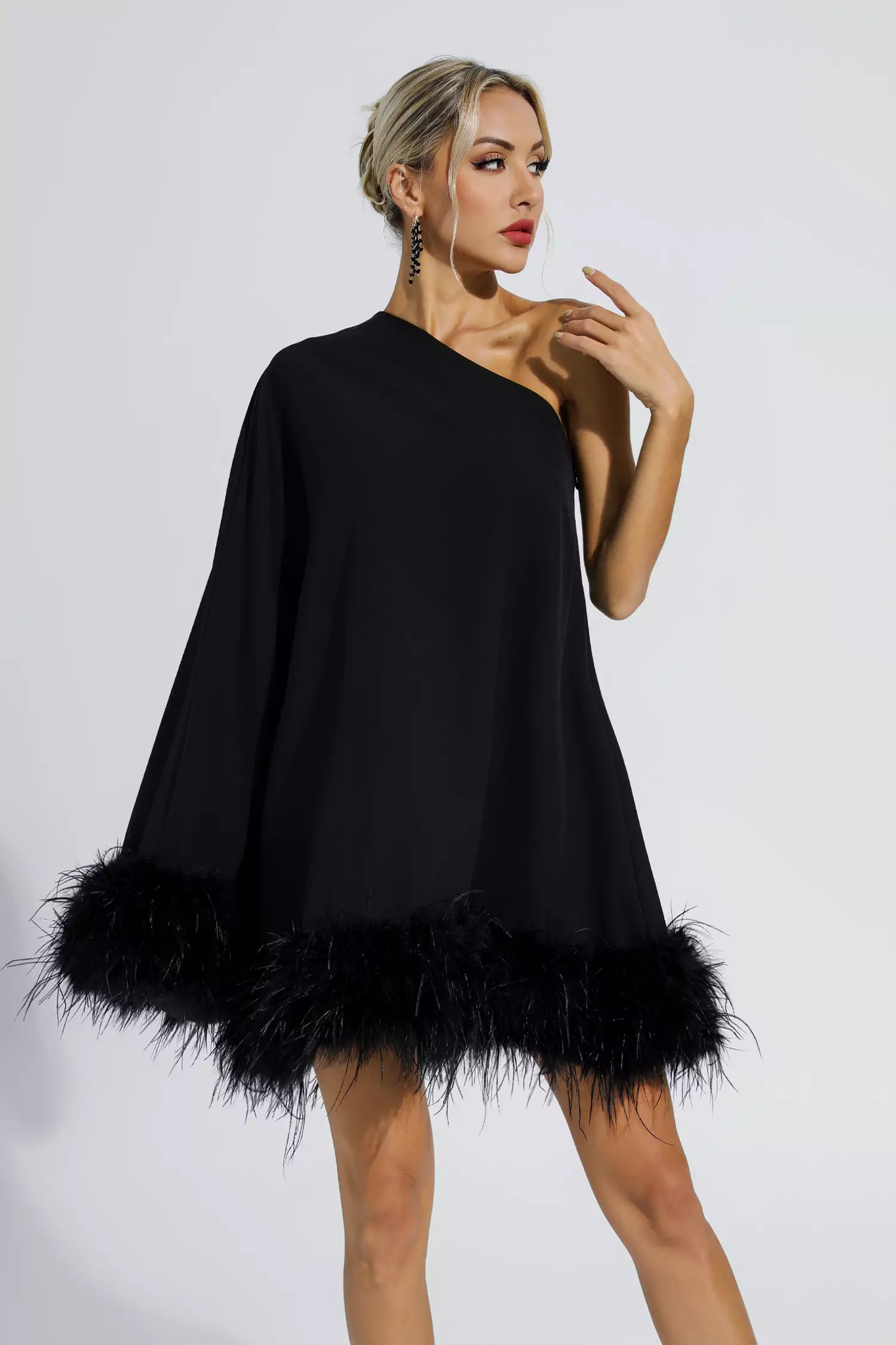 Women's Cape Dress – One Shoulder Feather Trim, Elegant Shift Occasion Wear