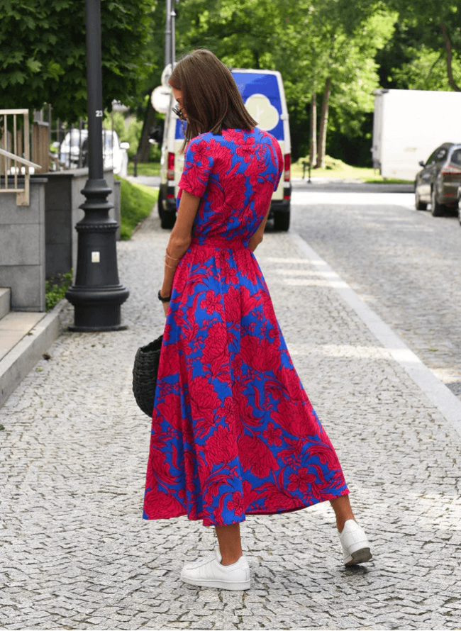 Boho Belted Midi Dress – V-Neck Slit Dress for Summer Casual Chic