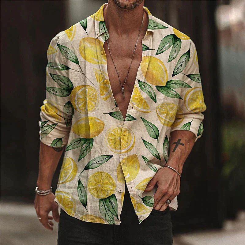 Men's Casual Shirt – Lemon Print, Relaxed Fit Holiday Wear