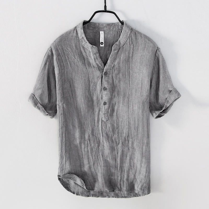 Men's Linen Blend Shirt – Grandad Collar, Relaxed Fit Summer Casual