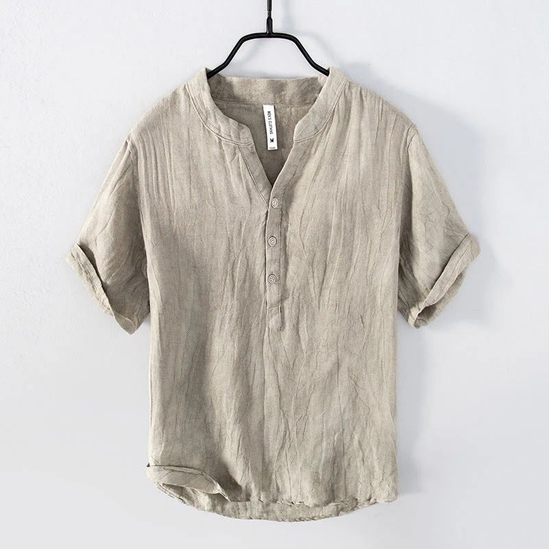 Men's Linen Blend Shirt – Grandad Collar, Relaxed Fit Summer Casual