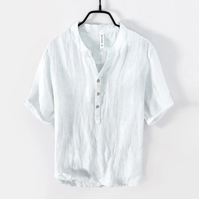 Men's Linen Blend Shirt – Grandad Collar, Relaxed Fit Summer Casual