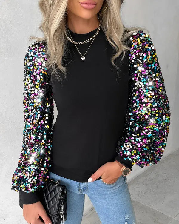 Women's Jumper – Sequin Balloon Sleeve, Statement Knit Party Wear