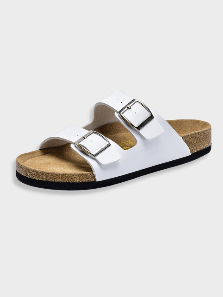 Women's Double Buckle Sliders – Cork Footbed, Comfy Holiday Sandals