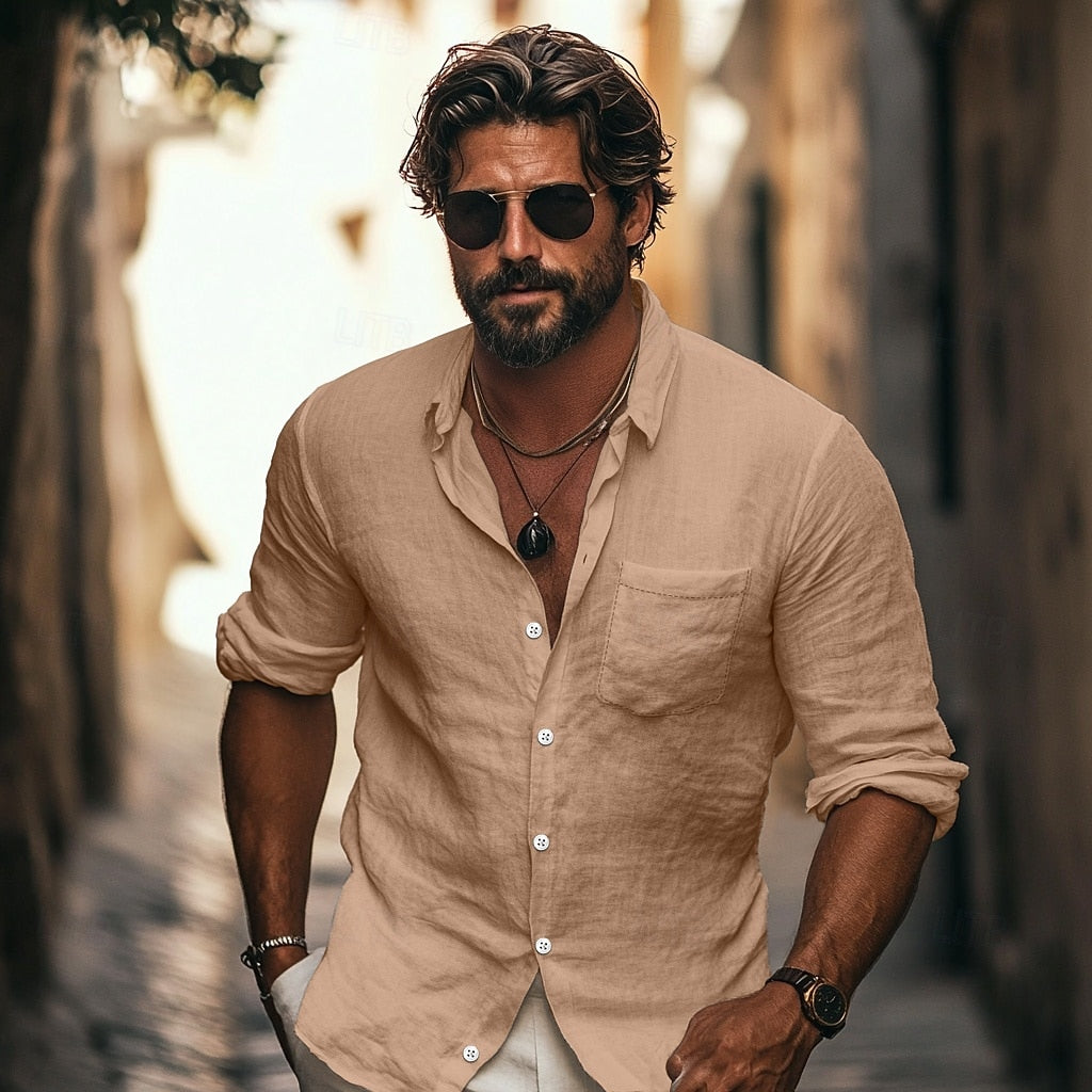 Men's Linen Shirt – Long Sleeve, Relaxed Fit Summer Casual