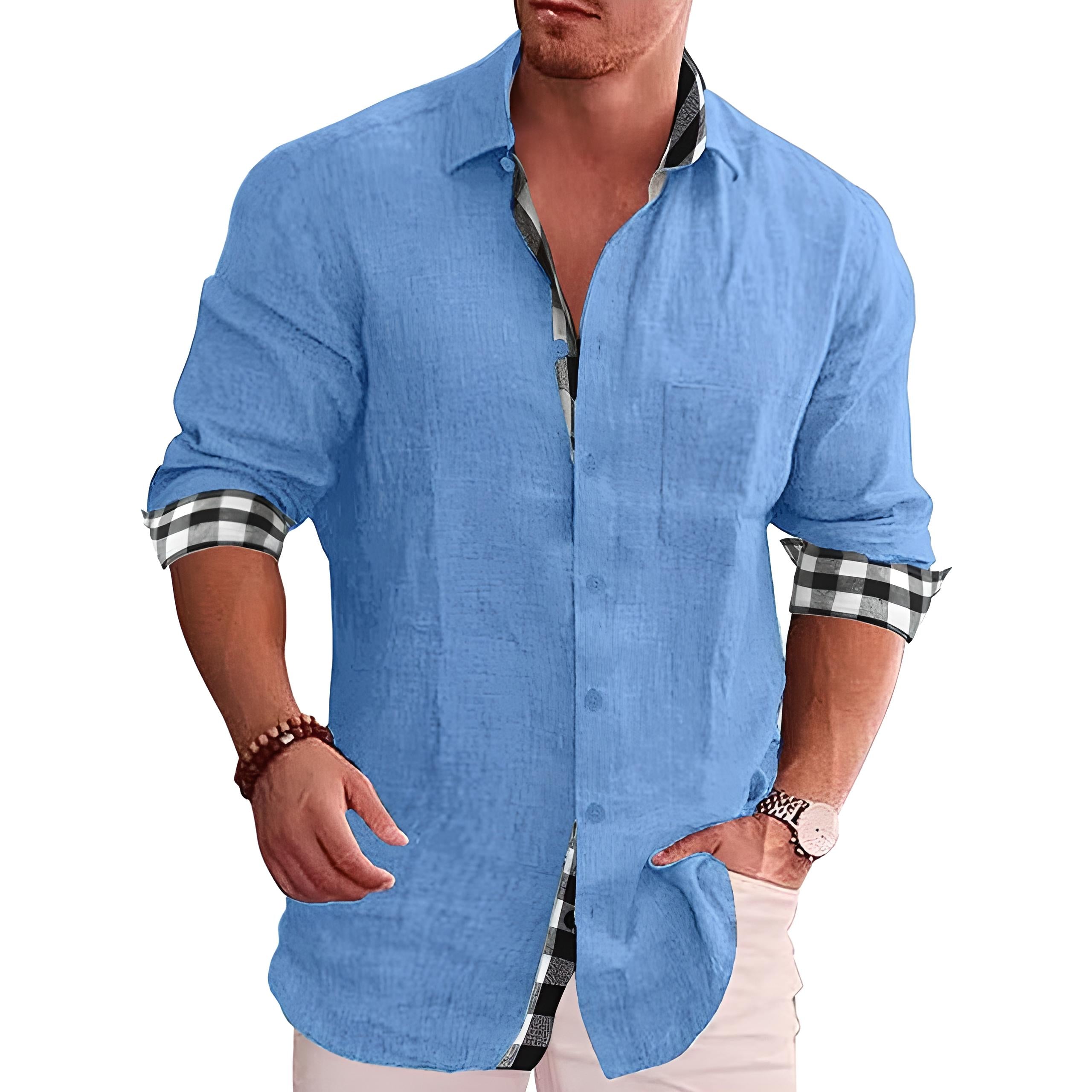 Men's Linen Shirt – Check Trim, Relaxed Fit Smart Casual