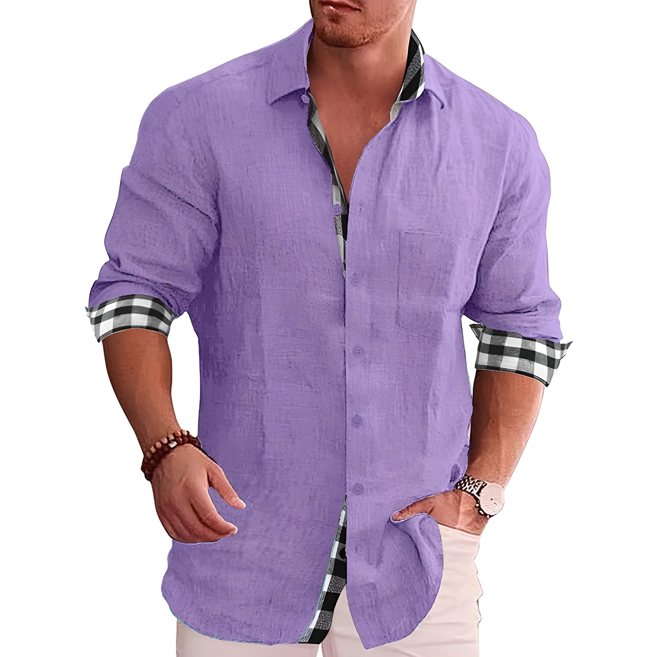 Men's Linen Shirt – Check Trim, Relaxed Fit Smart Casual