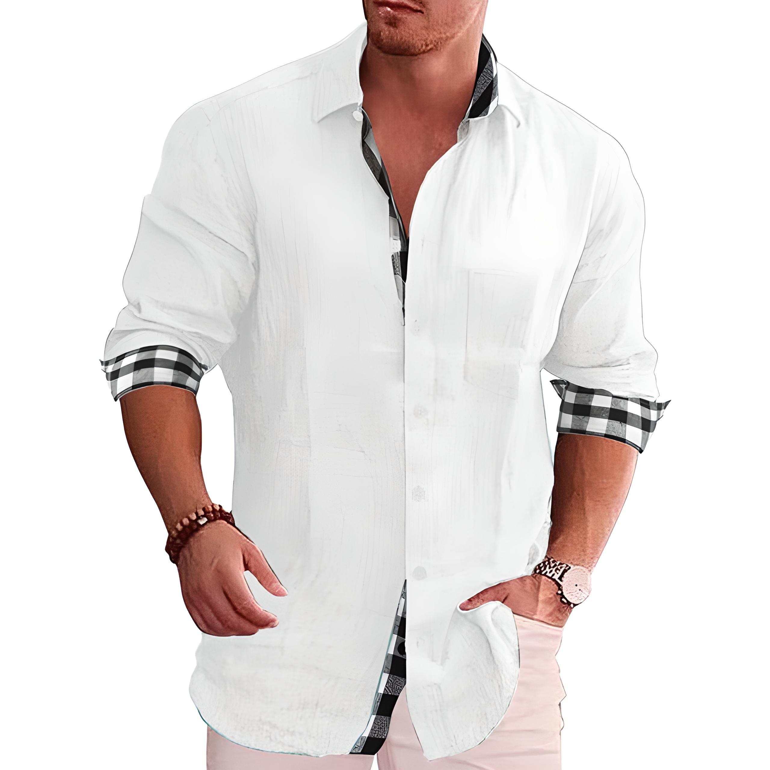 Men's Linen Shirt – Check Trim, Relaxed Fit Smart Casual